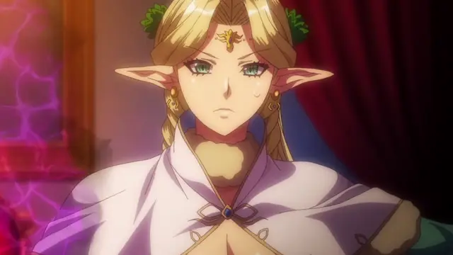 An elf princess with long blonde hair, green eyes, and pointed ears wears a white and gold outfit and displays a worried expression. Screenshot from Kyonyuu Elf Oyako Saimin - Episode 1