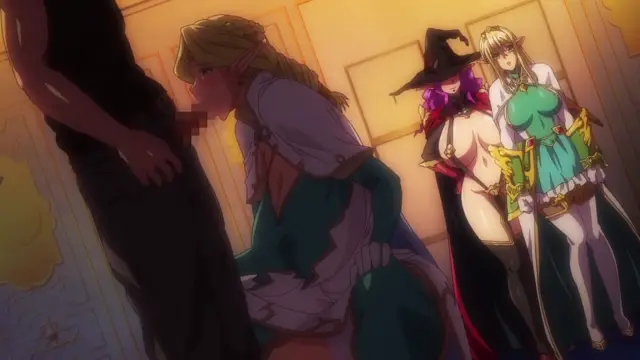 An elf woman in a green and white dress leans in to kiss a man's crotch while two other female characters, a witch and a warrior, stand behind them in a golden-lit room. Screenshot from Kyonyuu Elf Oyako Saimin - Episode 1