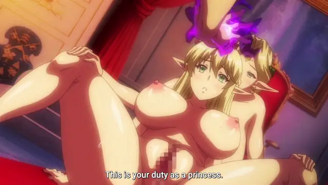 A blonde elf princess is being sexually violated by a male character with glowing purple energy around his hand while she sits on a red bed, with subtitles reading "This is your duty as a princess.". Screenshot from Kyonyuu Elf Oyako Saimin - Episode 1