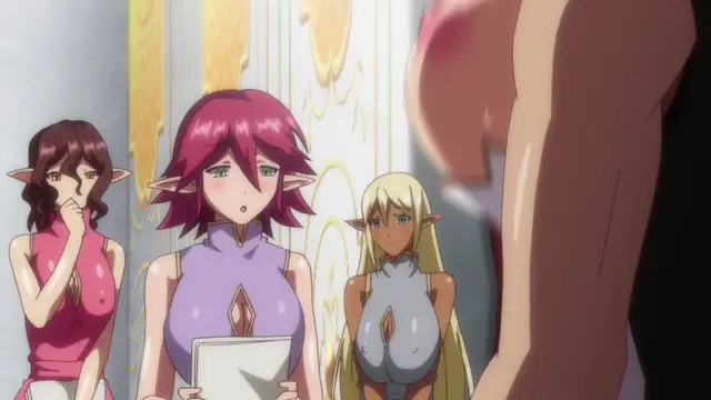 Three anime-style elven women with large breasts stand in an ornate room, looking shocked and wide-eyed at a muscular, shirtless man standing in the foreground. Screenshot from Kyonyuu Elf Oyako Saimin - Episode 2