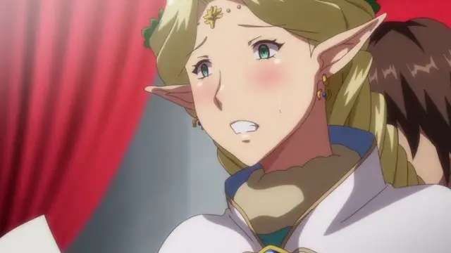 An anime girl with pointed ears and long blonde hair looks surprised and blushing with a drop of sweat on her face as she stands in front of red curtains. Screenshot from Kyonyuu Elf Oyako Saimin - Episode 2