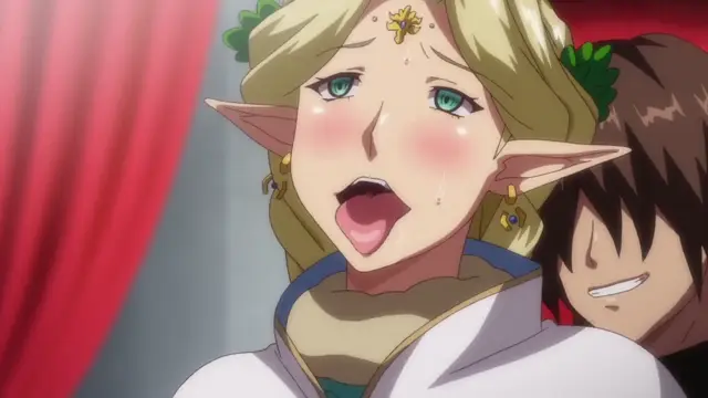 A blonde elf woman with a shocked and dazed expression, drooling slightly with her mouth open and blushing face, is shown in a close-up next to a smiling man with dark hair. Screenshot from Kyonyuu Elf Oyako Saimin - Episode 2