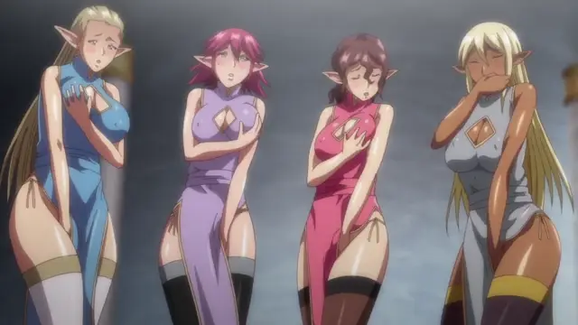 Four elf women in tight-fitting, revealing dresses with high slits and gold accents stand in a line with embarrassed expressions, blushing and covering their chests. Screenshot from Kyonyuu Elf Oyako Saimin - Episode 2