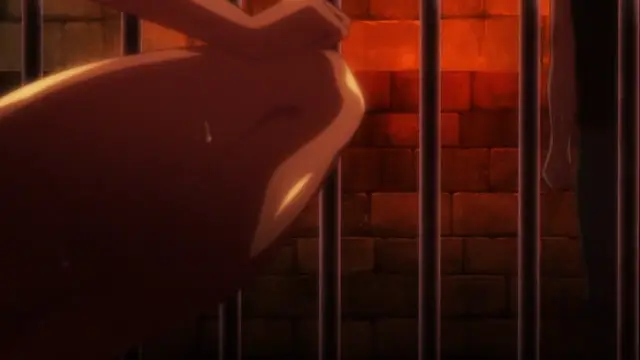 A close-up of a woman in a dungeon-like setting, pressed against bars with her breasts exposed, featuring sweat beads and a glowing orange light in the background. Screenshot from Kyonyuu Elf Oyako Saimin - Episode 2