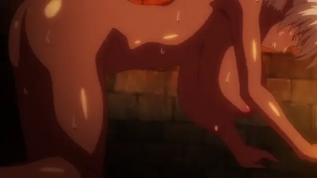 A sweaty, naked anime girl is bent over and being fucked from behind by a man whose penis is visible between her legs against a stone wall background. Screenshot from Kyonyuu Elf Oyako Saimin - Episode 2