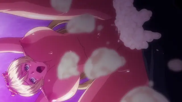 A blonde-haired girl in a red kimono lies on her back in a bath, looking startled as white bubbles and foam surround her. Screenshot from Kyonyuu Elf Oyako Saimin - Episode 2