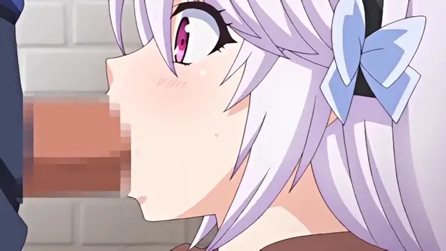 A close-up shot shows an anime girl with long lavender hair and a blue bow on her head, looking surprised and blushing as she faces a man whose face is pixelated. Screenshot from Kazoku: Haha to Shimai no Kyousei - Episode 1