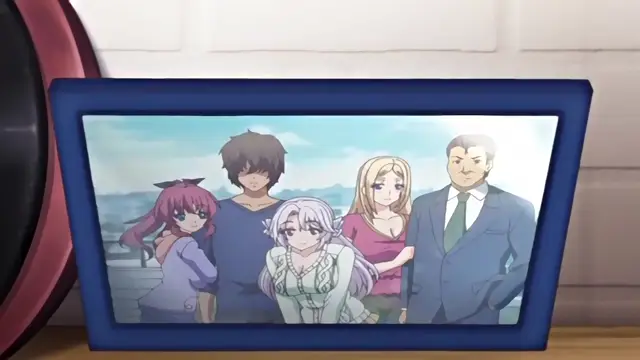 A group of anime characters, including a man and three women, stand together in a scenic outdoor setting. Screenshot from Kazoku: Haha to Shimai no Kyousei - Episode 1