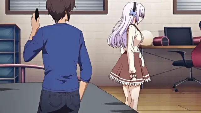 A male character with dark hair and a blue sweater stands with his back to the viewer holding a smartphone, looking towards a long-haired girl in a school uniform who is standing in a room with a desk and a computer. Screenshot from Kazoku: Haha to Shimai no Kyousei - Episode 1