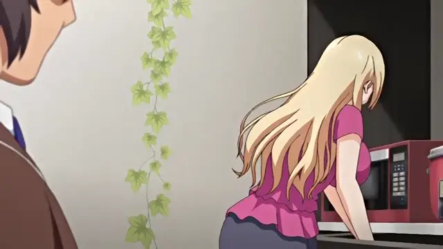 A blonde anime woman in a pink top and dark skirt leans over a counter next to a microwave, while a man in a suit watches her from the side. Screenshot from Kazoku: Haha to Shimai no Kyousei - Episode 1