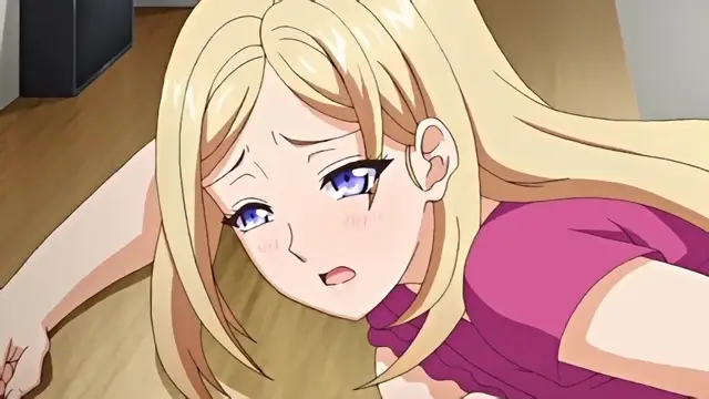 A blonde anime girl in a pink dress lies on the floor with a shocked and blushing expression on her face. Screenshot from Kazoku: Haha to Shimai no Kyousei - Episode 1