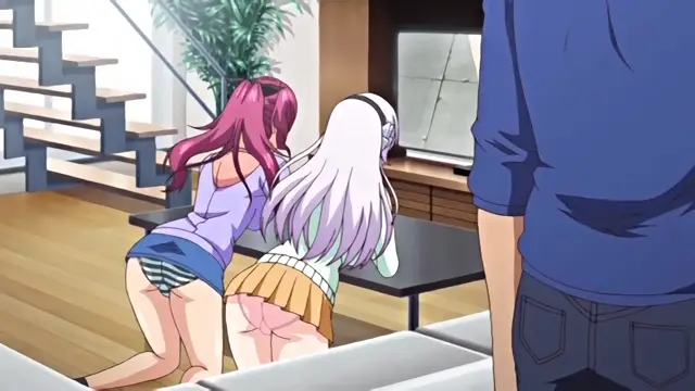 Two anime girls in skimpy outfits lean over a low table in a modern living room, facing a man's rear end in the foreground. Screenshot from Kazoku: Haha to Shimai no Kyousei - Episode 2