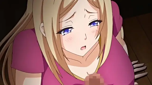 A close-up shot of a blonde anime woman with a worried and blushing expression looking down at a penis between her legs. Screenshot from Kazoku: Haha to Shimai no Kyousei - Episode 2