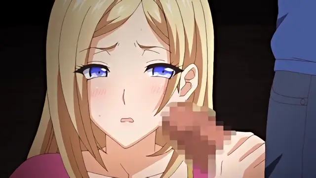 A blonde-haired anime girl with blushing cheeks and teary eyes looks up with a stunned expression as a man's hand, partially blurred, rests on her shoulder. Screenshot from Kazoku: Haha to Shimai no Kyousei - Episode 2