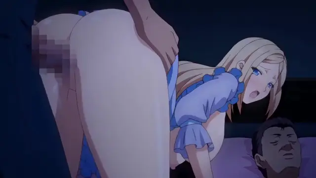 A blonde woman in a blue dress leans forward with a shocked expression as she watches a man's large genitals, while another man lies sleeping in the background. Screenshot from Kazoku: Haha to Shimai no Kyousei - Episode 2