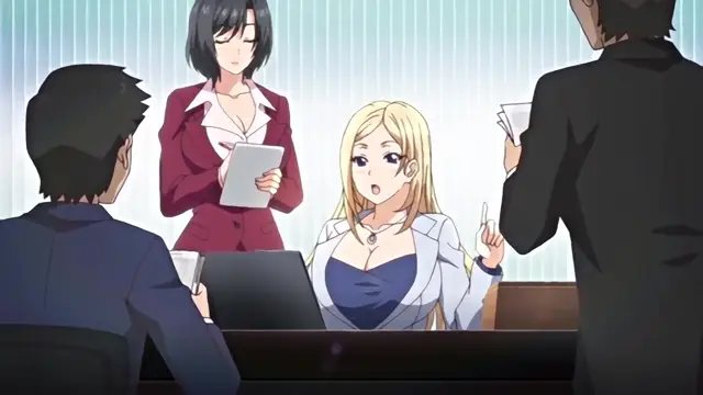 A blonde woman in a white suit sits at a desk looking surprised as she is confronted by three men in suits, while another woman in a red blazer stands behind her holding a clipboard. Screenshot from Kazoku: Haha to Shimai no Kyousei - Episode 2