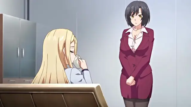 A blonde woman sits behind a desk looking shocked as a black-haired woman in a burgundy suit stands before her with a stern expression. Screenshot from Kazoku: Haha to Shimai no Kyousei - Episode 2