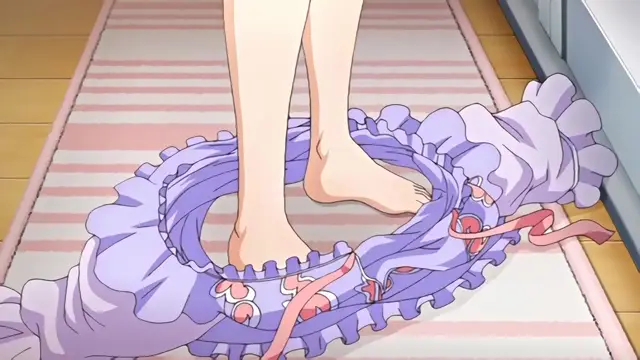 A girl with bare legs and feet stands with one foot inside her ruffled purple dress, which is spread out on a striped rug. Screenshot from Kazoku: Haha to Shimai no Kyousei - Episode 2