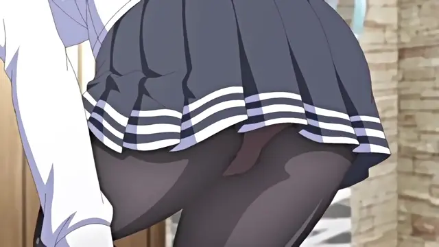 A schoolgirl in a pleated skirt and black tights stands with her back to the viewer, revealing her crotch area as she is being handled by a man. Screenshot from Kazoku: Haha to Shimai no Kyousei - Episode 3