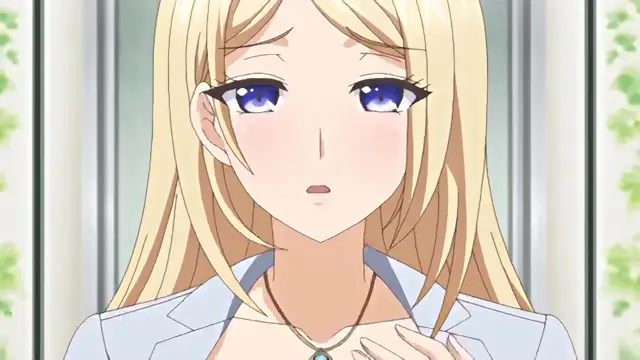 A blonde anime girl with blue eyes and a blushing face wears a white collared shirt and a necklace while looking startled. Screenshot from Kazoku: Haha to Shimai no Kyousei - Episode 3