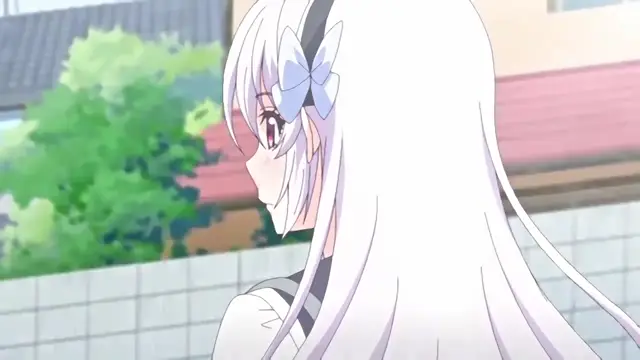 A close-up side profile of a white-haired anime girl with a bow in her hair, smiling while looking toward the left. Screenshot from Kazoku: Haha to Shimai no Kyousei - Episode 3