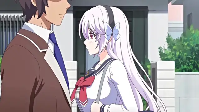A high school boy in a brown blazer and a girl with long white hair and a blue bow on her school uniform stand facing each other outdoors. Screenshot from Kazoku: Haha to Shimai no Kyousei - Episode 3