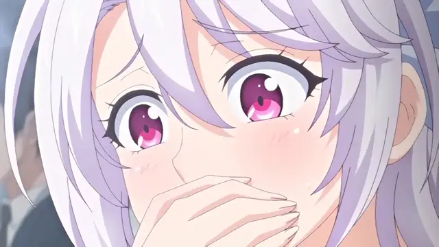 A close-up of a white-haired anime girl with a blushing face and wide, sparkling pink eyes looking shocked or aroused with her hand over her mouth. Screenshot from Kazoku: Haha to Shimai no Kyousei - Episode 3