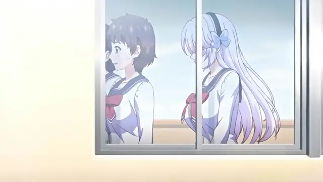 A high school girl with long light blue hair and a blue ribbon looks out of a window at a boy with dark hair and a red ribbon, both wearing sailor-style school uniforms. Screenshot from Kazoku: Haha to Shimai no Kyousei - Episode 3
