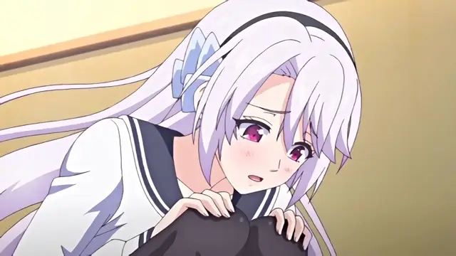 A blushing anime girl with long white hair and a school uniform sits with her legs pulled up to her chest, looking embarrassed or flustered. Screenshot from Kazoku: Haha to Shimai no Kyousei - Episode 3