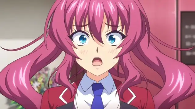 A pink-haired anime girl with wide blue eyes and an open mouth looks surprised while wearing a school uniform with a red blazer and blue tie. Screenshot from Kazoku: Haha to Shimai no Kyousei - Episode 4