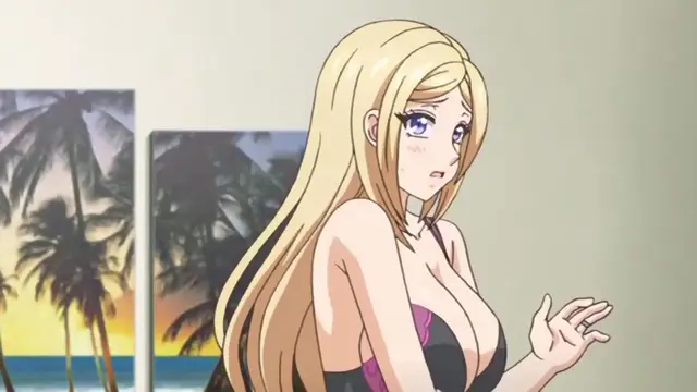 A blonde anime woman with large breasts and a surprised expression stands in a room decorated with tropical beach paintings, wearing a revealing black and purple bikini top. Screenshot from Kazoku: Haha to Shimai no Kyousei - Episode 4