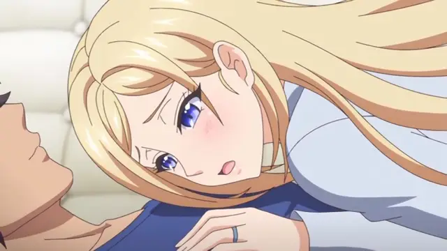 A blonde woman with blue eyes and a blushy face looks down with a surprised expression at a man as she lies on a white couch. Screenshot from Kazoku: Haha to Shimai no Kyousei - Episode 4