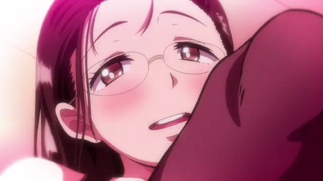 A close-up of a blushing anime woman with glasses and dark hair looking up with a dazed expression while being held or pressed against someone's body. Screenshot from Seika Jogakuin Kounin Sao Ojisan - Episode 1