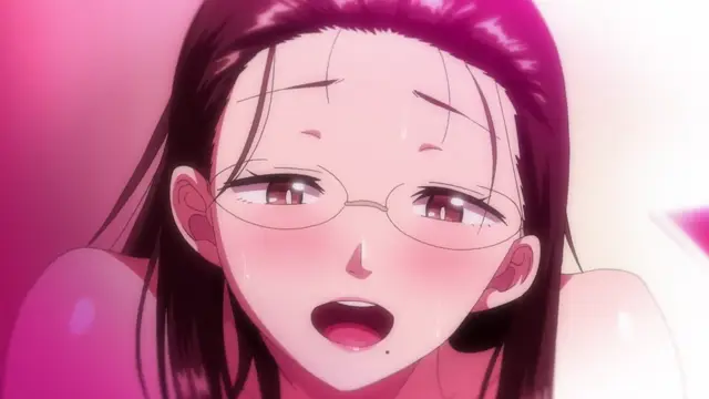 A blushing woman with glasses and long dark hair looks surprised with a sweating face and an open mouth. Screenshot from Seika Jogakuin Kounin Sao Ojisan - Episode 1