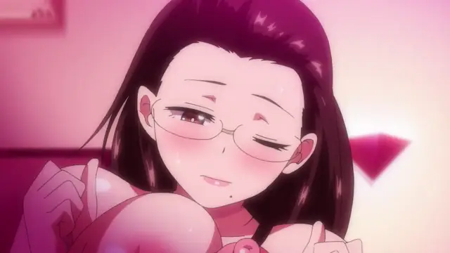 A blushing, long-haired anime woman with glasses and a pink outfit has a dazed, euphoric expression with her eyes closed as she is being penetrated. Screenshot from Seika Jogakuin Kounin Sao Ojisan - Episode 1
