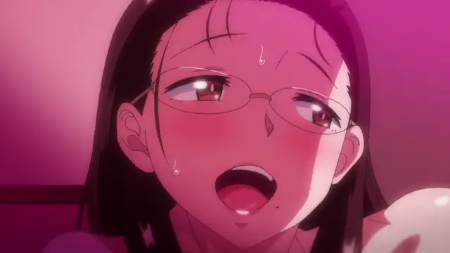 A close-up of a blushing woman with glasses and long dark hair gasping with her mouth open and drool on her face. Screenshot from Seika Jogakuin Kounin Sao Ojisan - Episode 1