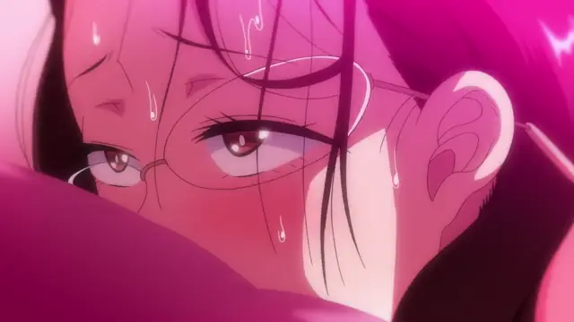 A blushing woman with glasses and pink hair looks forward with a dazed expression, sweating while being held from behind. Screenshot from Seika Jogakuin Kounin Sao Ojisan - Episode 1