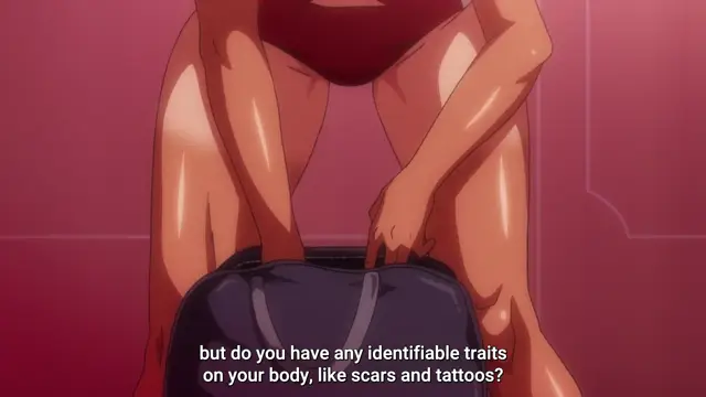 An anime girl with a muscular build and large breasts wears a red bikini and leans over a black bag, with a subtitle that reads, "but do you have any identifiable traits on your body, like scars and tattoos?". Screenshot from Seika Jogakuin Kounin Sao Ojisan - Episode 2