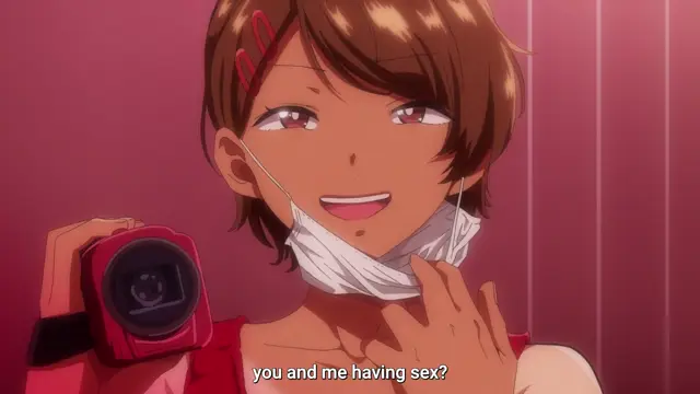A smiling anime girl with short brown hair and red clips holds a red action camera and pulls down her white face mask while looking at the lens, with the subtitle "you and me having sex?" at the bottom. Screenshot from Seika Jogakuin Kounin Sao Ojisan - Episode 2