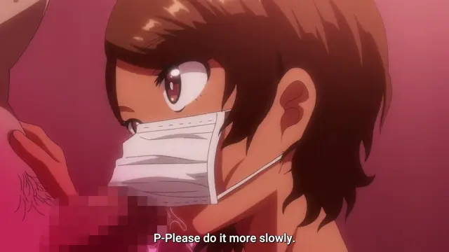 A brown-haired anime girl with a face mask and a distressed expression looks at the viewer while being pleasuring, with the subtitle "P-Please do it more slowly.". Screenshot from Seika Jogakuin Kounin Sao Ojisan - Episode 2