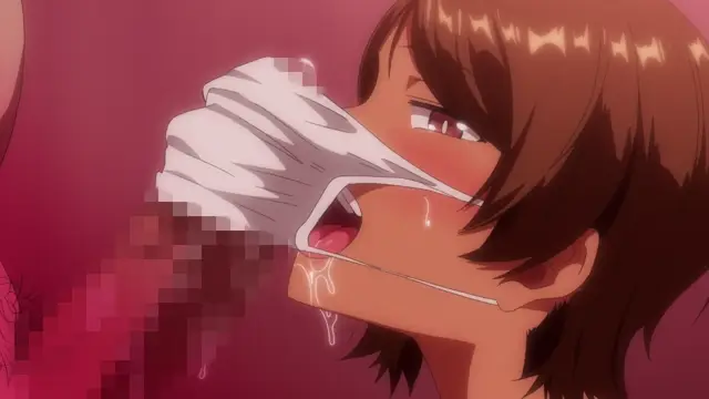 A close-up of a brown-haired girl with blushing cheeks and glazed eyes has her mouth wide open as she receives a thick, pixelated penis in her mouth. Screenshot from Seika Jogakuin Kounin Sao Ojisan - Episode 2
