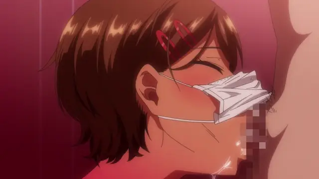A close-up, side-profile shot shows an anime girl with short brown hair and glasses wearing a face mask while she is being penetrated by a male character whose face is pixelated. Screenshot from Seika Jogakuin Kounin Sao Ojisan - Episode 2