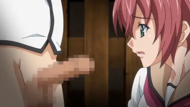 A wide shot shows a female anime character with short red hair and green eyes looking down with a shocked expression at a male character whose chest and genitals are partially censored by a pixelated blur. Screenshot from Maiden Infringement Play - Episode 1