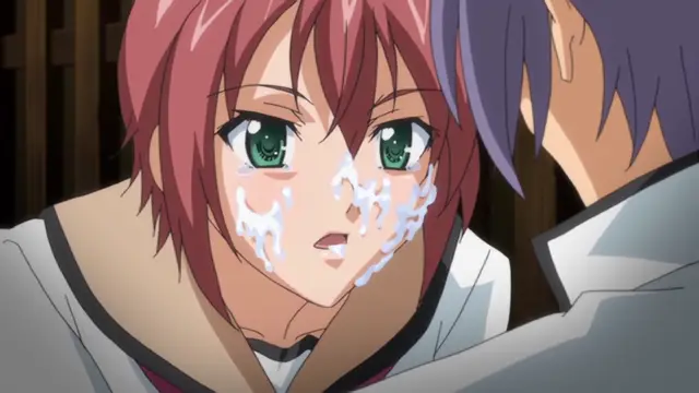 A close-up shot shows a blushing girl with red hair and green eyes covered in white fluids, looking up at a man with purple hair who is standing close to her. Screenshot from Maiden Infringement Play - Episode 1