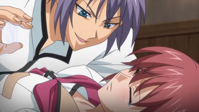 A blue-haired man with a smirk looms over a red-haired man who is lying down with tears in his eyes, both dressed in traditional Japanese clothing. Screenshot from Maiden Infringement Play - Episode 1