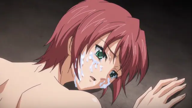 A close-up shot of a red-haired anime girl with a dazed, sweaty expression lying on her back, looking upwards with wide eyes. Screenshot from Maiden Infringement Play - Episode 1
