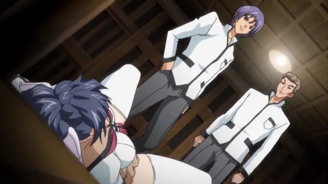 A female character with blue hair is lying on her stomach on a floor while two men in white uniforms stand over her. Screenshot from Maiden Infringement Play - Episode 1