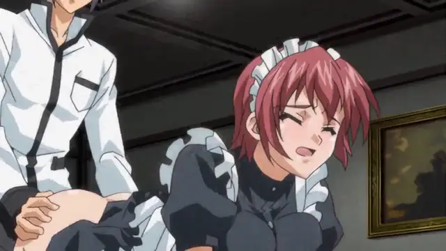 A pink-haired anime girl in a maid outfit is being penetrated from behind by a man in a white shirt while she has a blissful expression on her face. Screenshot from Maiden Infringement Play - Episode 1
