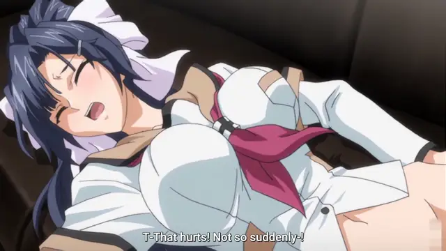 A blue-haired anime girl with a white blouse and red bow lies on a surface with an embarrassed expression, with a subtitle reading, "T-That hurts! Not so suddenly-!". Screenshot from Maiden Infringement Play - Episode 1