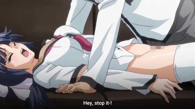 A woman in a white button-up shirt and dark skirt is lying on a bed while a man in a suit holds her down from behind, her face showing a shocked expression as subtitles at the bottom read, "Hey, stop it-!". Screenshot from Maiden Infringement Play - Episode 1